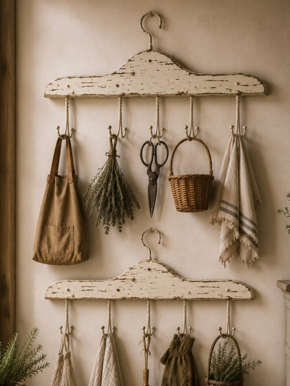 2- Vintage Primitive Whitewashed Wooden Coat Hanger Rack With Four Double Hooks